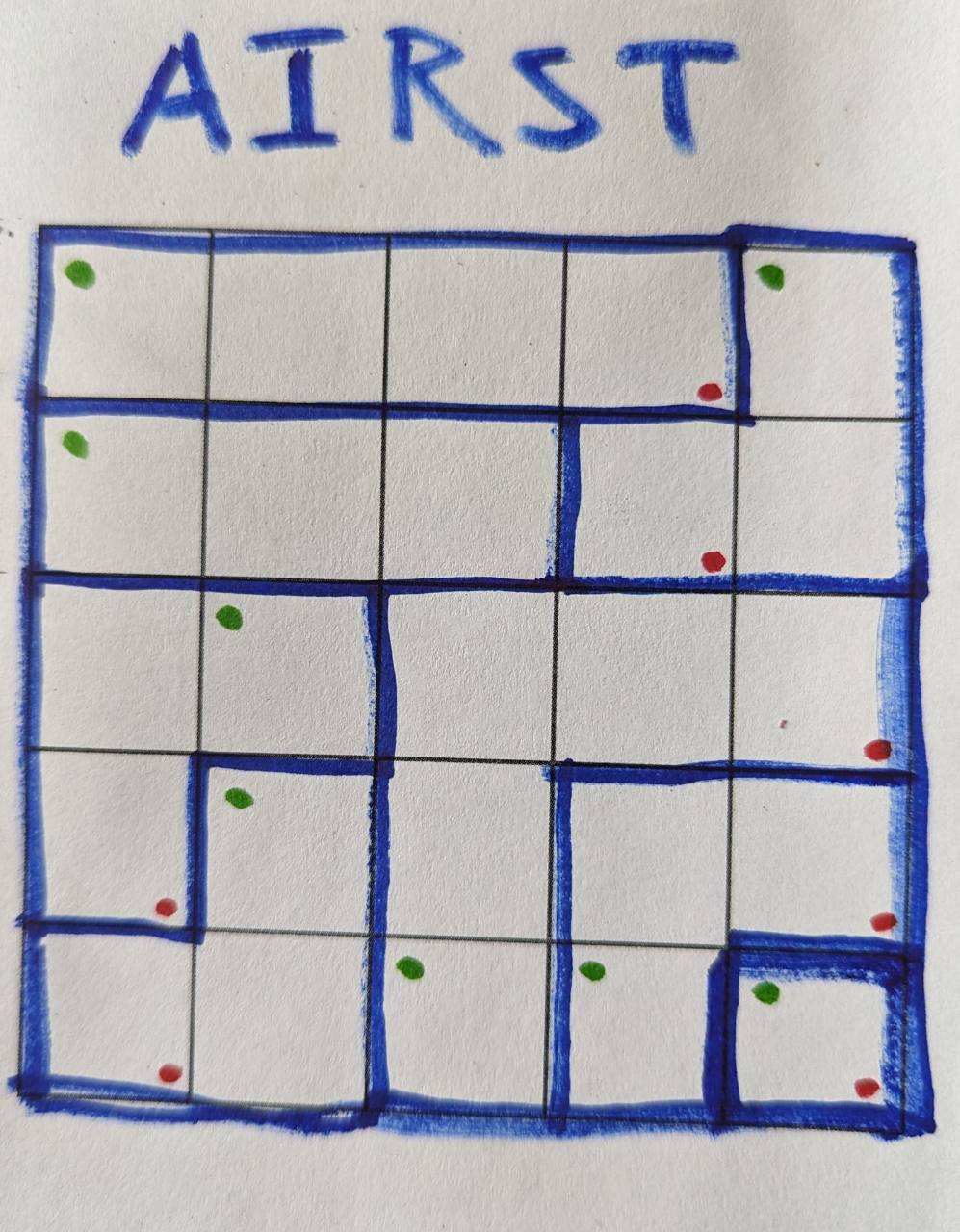 The first hand-drawn 5 by 5 Penned puzzle, drawn in blue with green starts and red ends, from April 2023.